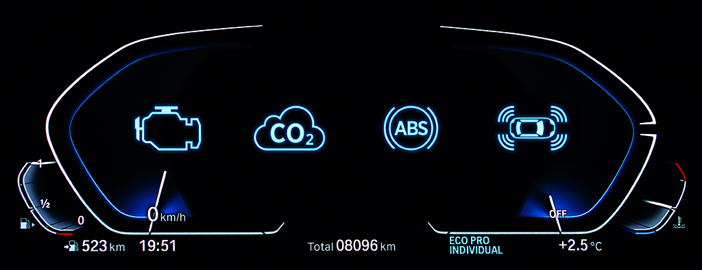 Empty illuminated car dashboard panel concept. Modern fully digital LCD instrument cluster without gauge needles and digits. Close up of two blank speedometer and tachometer circle dials at night.